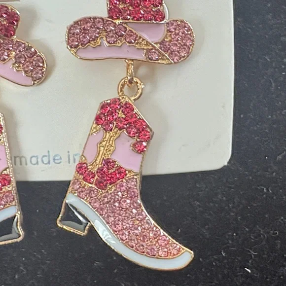 Mint Sparkling Pink and Gold Hat and Boot Earrings - Picture 3 of 3